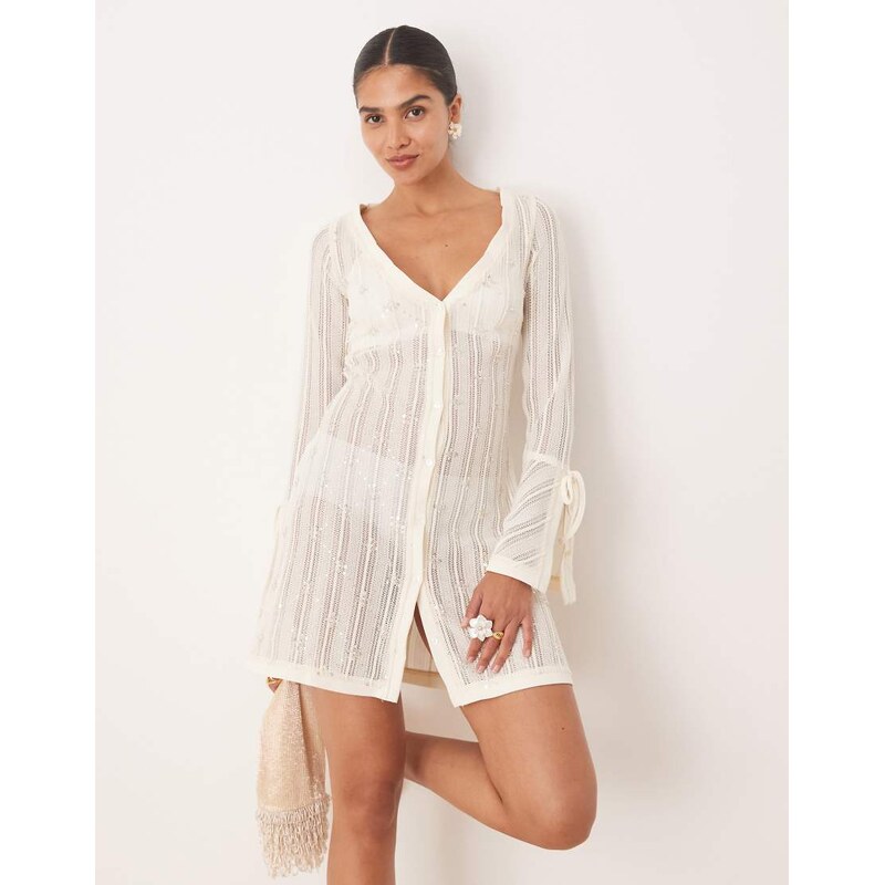 Amy Lynn embellished knit button through mini dress in cream-White 106647601