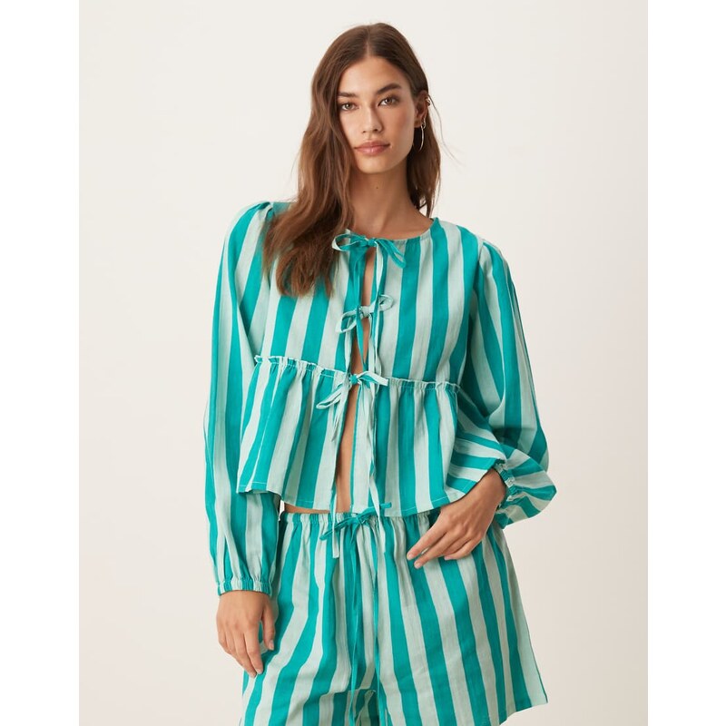 Esmee Exclusive tie front long sleeve beach top co-ord in green stripe 107119248