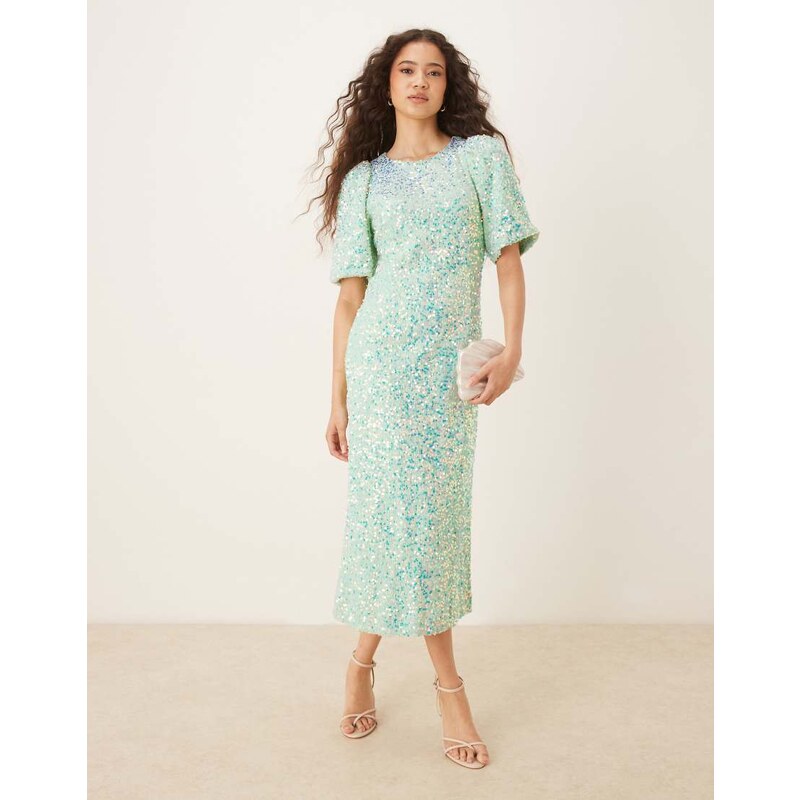 YAS textured iridescent sequin midaxi tea dress in mist green 106692699