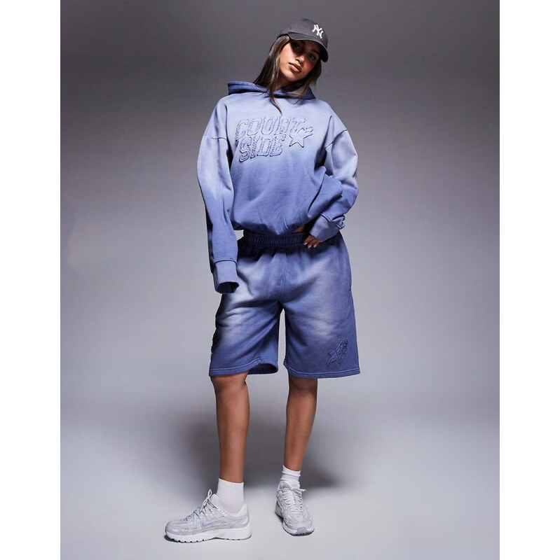 Courtside logo detail relaxed raw hem short co-ord in washed blue 106692708