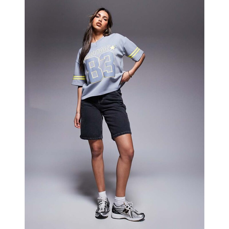 Courtside carpenter denim jort with back pocket embroidery in