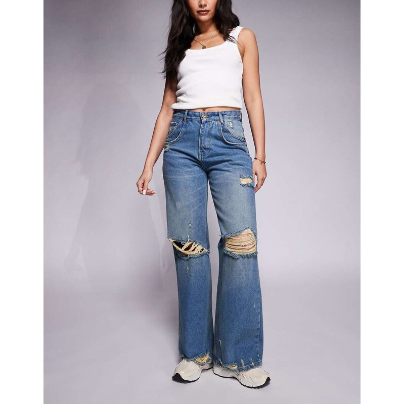 Courtside extreme distressed wide leg jean in washed blue 115614514