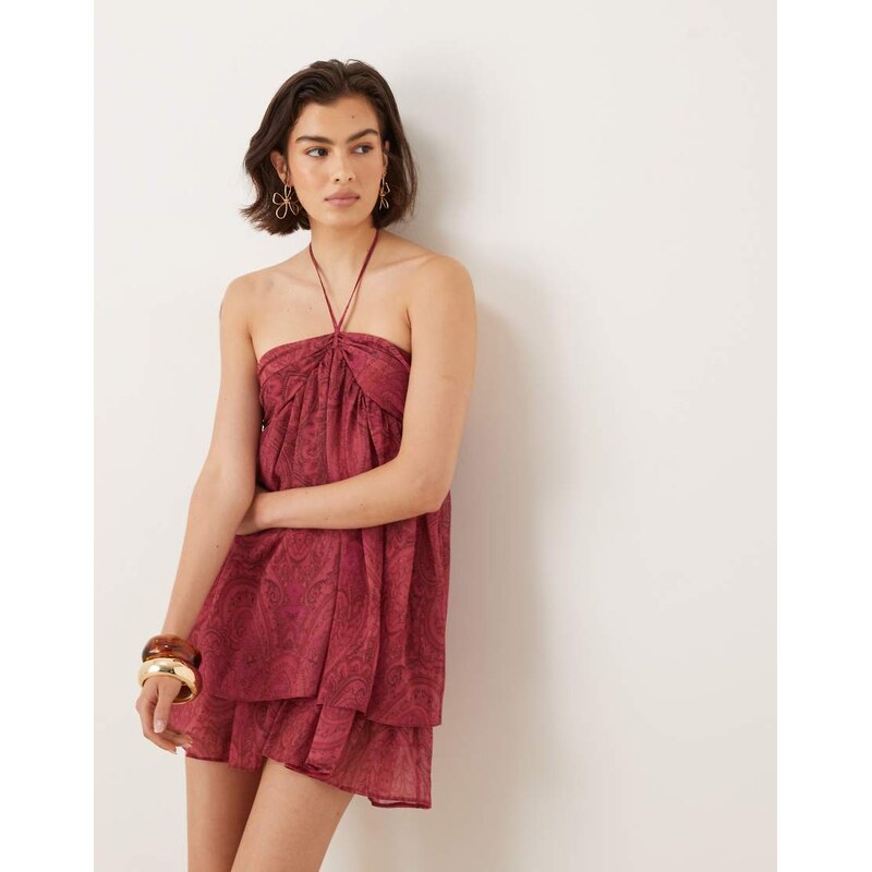 ASOS DESIGN halter ruched bust mini dress in pink paisley-Multi
