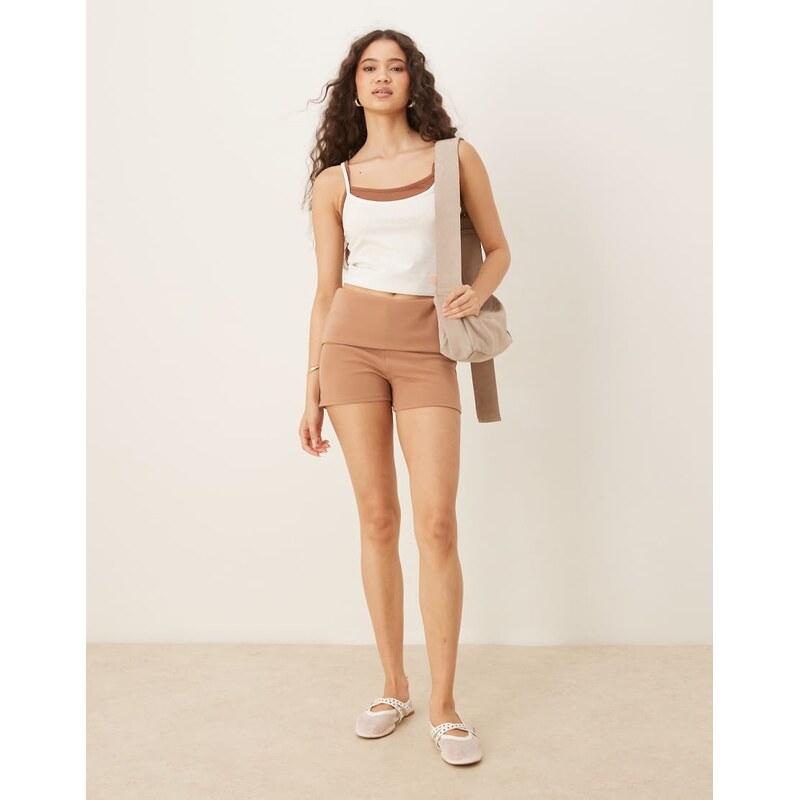 ASOS DESIGN fold over ribbed hot pant short in mocha-Brown