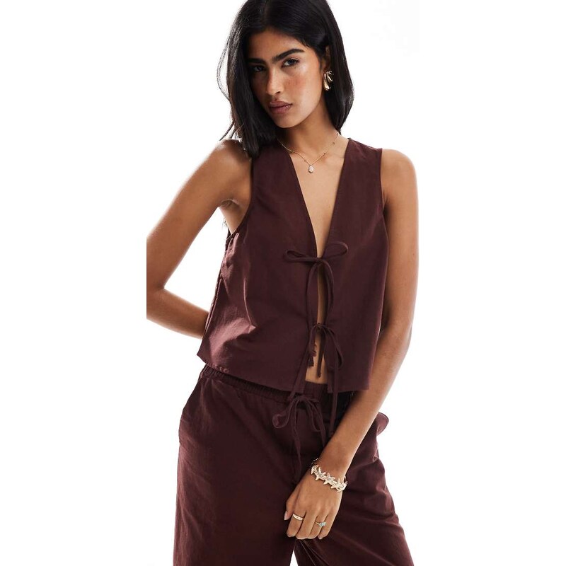 Miss Selfridge linen tie front top co-ord in chocolate-Yellow 115634158
