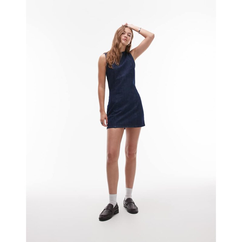Topshop denim mini shift dress in indigo-Blue