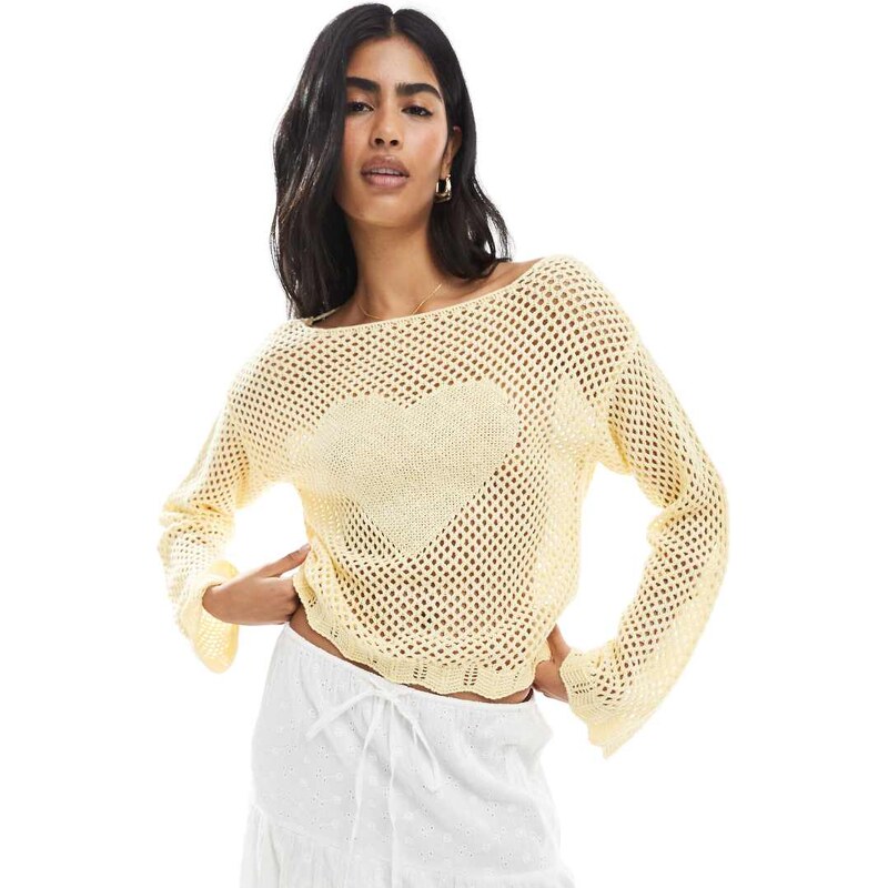 Miss Selfridge crochet heart tie back jumper in butter yellow-White 106692827
