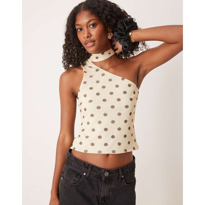 ASOS DESIGN mesh one shoulder scarf detail top in cream spot