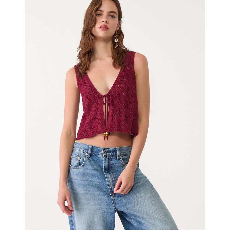 Stradivarius crochet vest with drawstrings in burgundy-Red 106694593