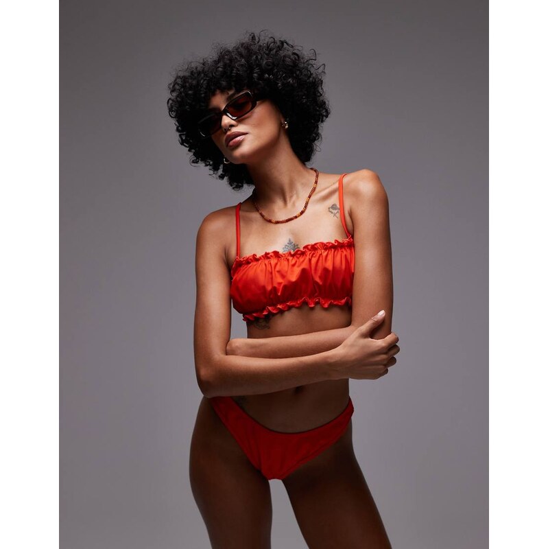 Topshop Miami frill high leg brief bikini bottoms in red