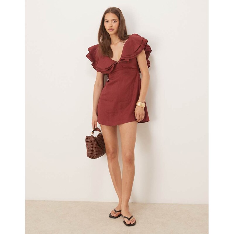 VRG GRL party nights frill detail linen mini dress in burgundy-Red 106694449