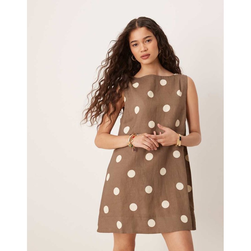 VRG GRL aftersun polka dot linen mini shift dress in brown 106694450