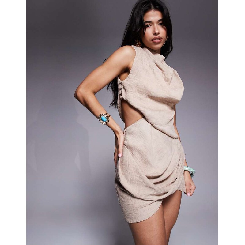 ASOS DESIGN asymmetric drape mini dress in mocha-Brown