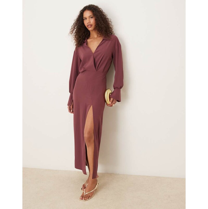 ASOS DESIGN wrap shirt midi dress with seaming details in grape-Purple