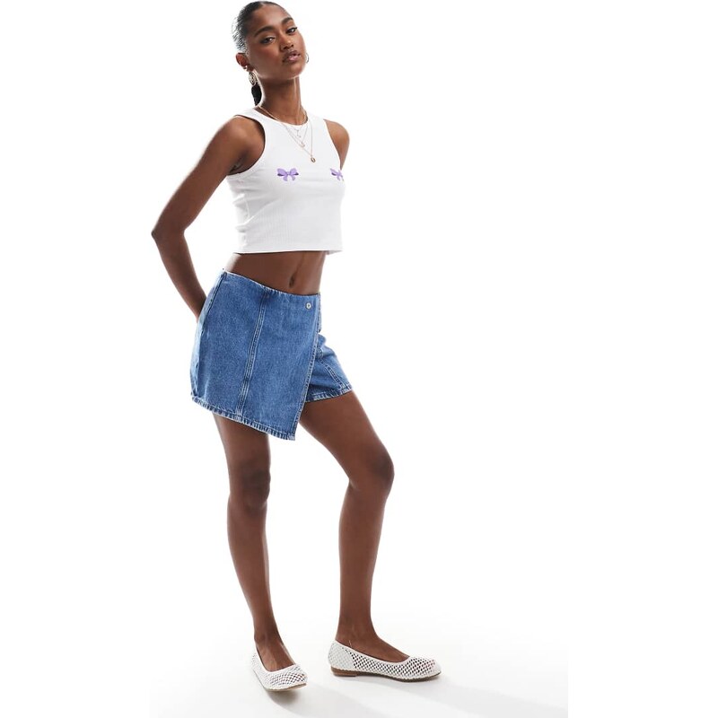 Pieces wrap front denim mini skort in mid blue