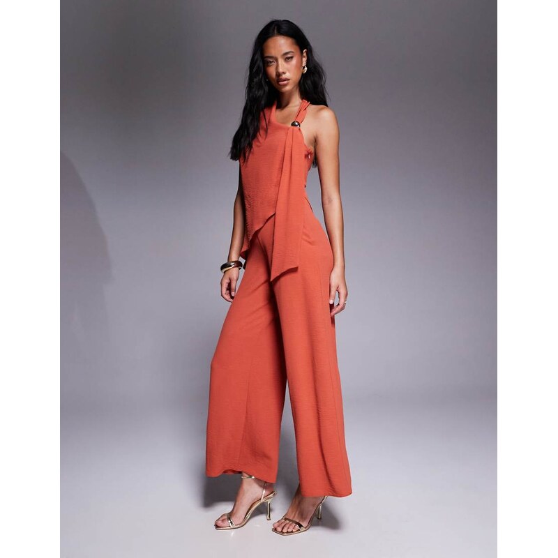 ASOS DESIGN trim detail halter overlay jumpsuit in rust-Orange 111244212