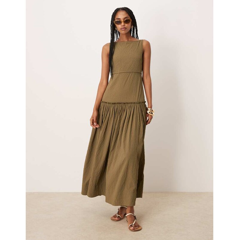 ASOS DESIGN crinkle slash neck maxi dress with seaming detail in