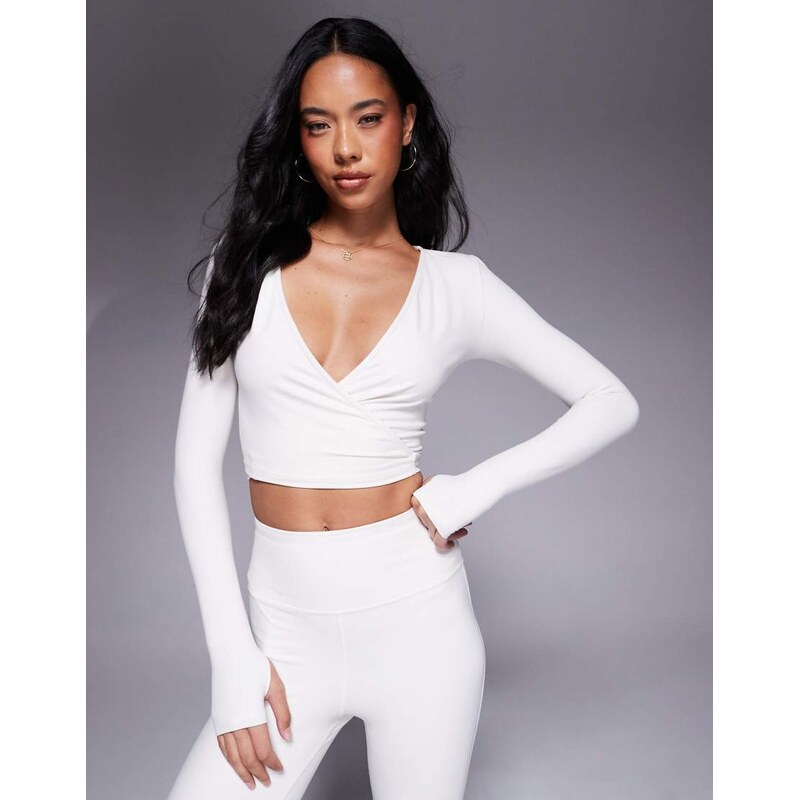 4505 soft touch ballet wrap long sleeve top in buttermilk-White 110353318