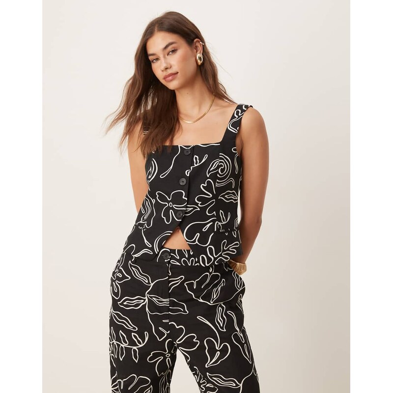 Mango cotton tailored square neck top co-ord in mono sketch print 106694534