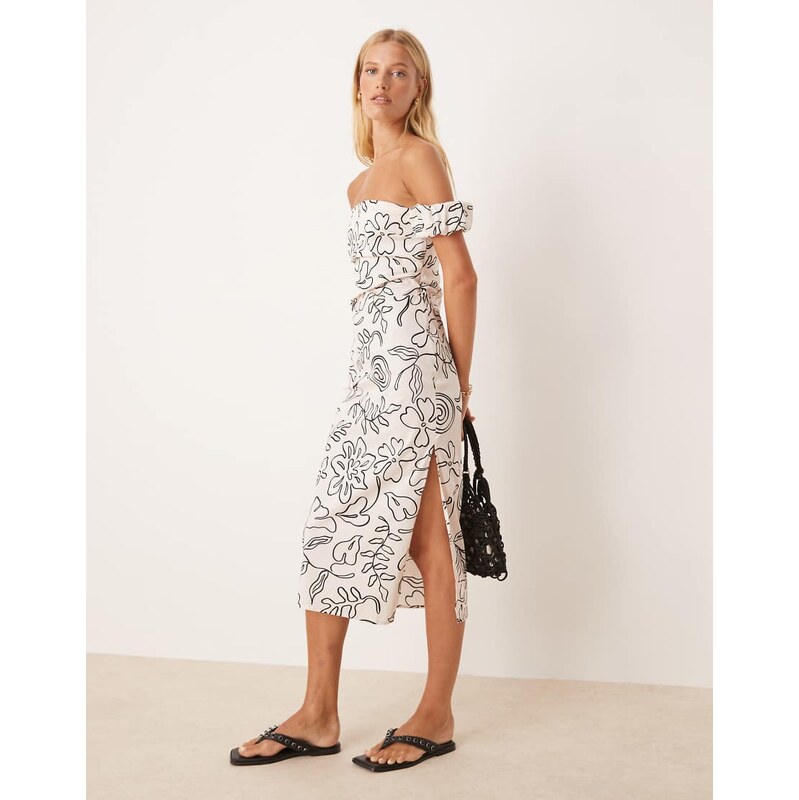 Mango off shoulder midi dress in mono squiggle print-White 106694539