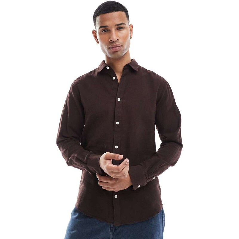 ONLY & SONS linen mix long sleeve shirt in brown