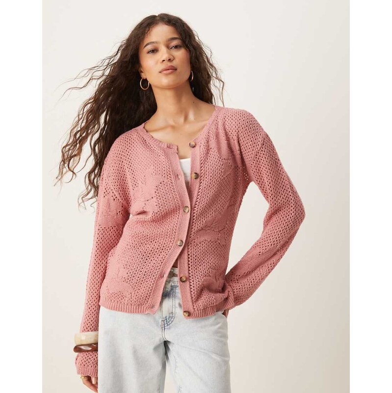 ASOS DESIGN lace knitted cardigan in pink 106694566