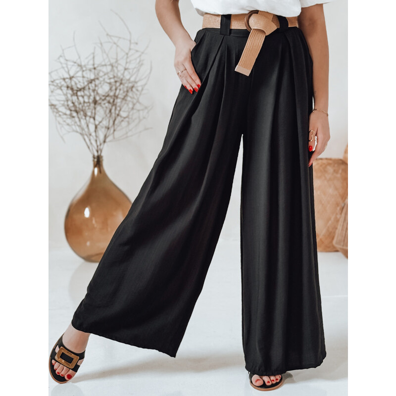 BASIC Černé široké dámské kalhoty z viskózy s elegantním páskem