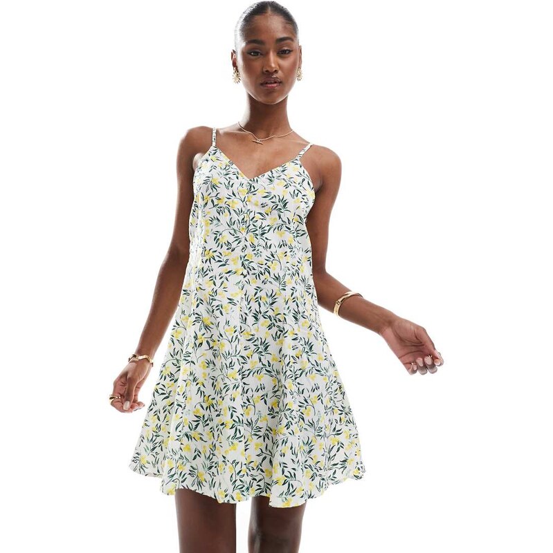 ONLY cami mini dress with tie back detail in lemon print-White