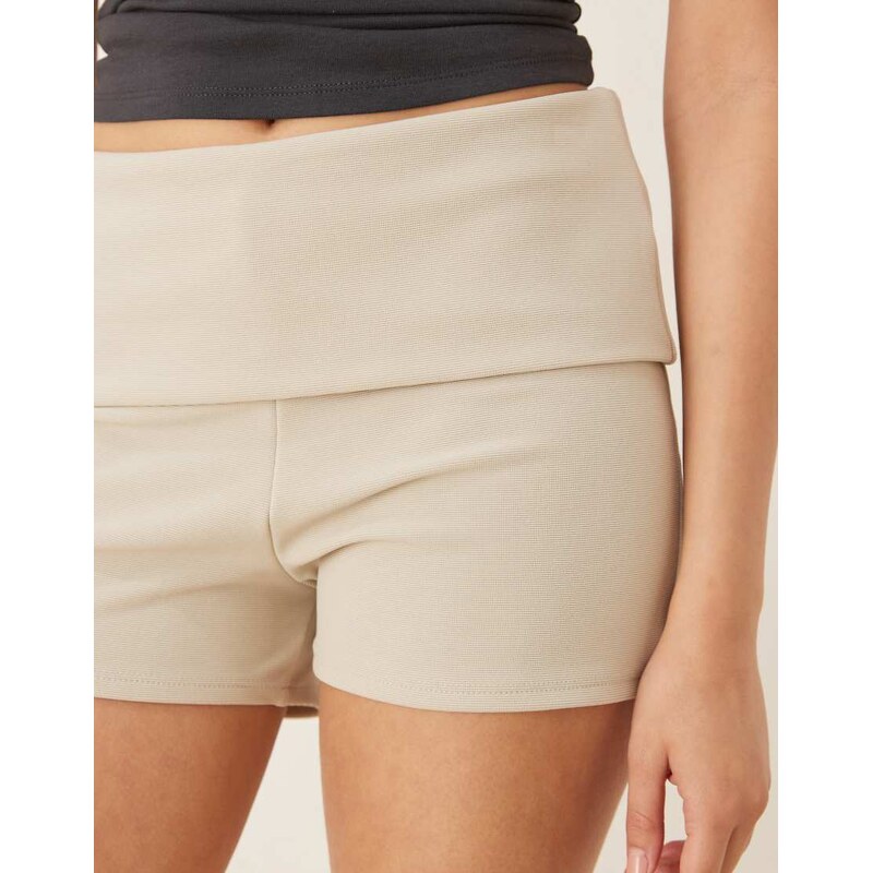 ASOS DESIGN fold over ribbed hot pant short in stone-Neutral