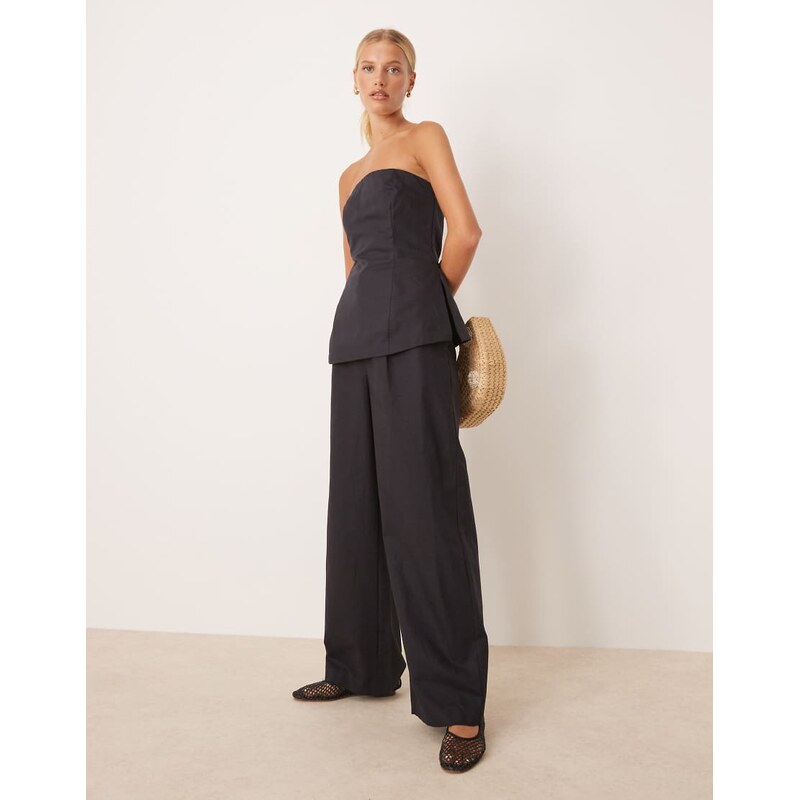 TALA heavyweight linen tailored wide leg trousers in black - BLACK 115711500