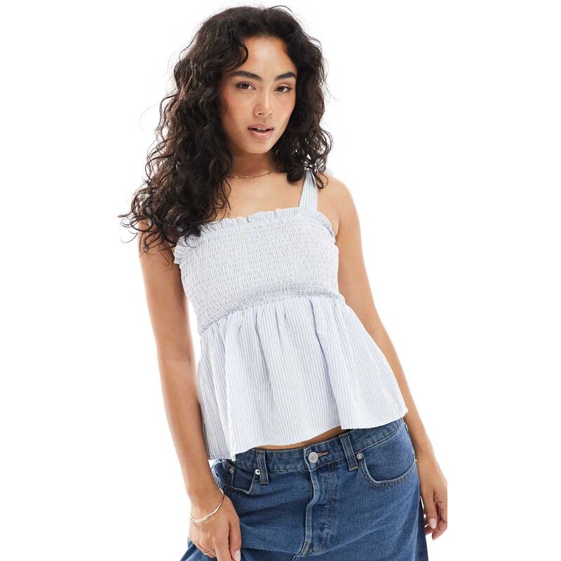 Brave Soul cotton mix strappy cami top with shirring in blue and white 106760101