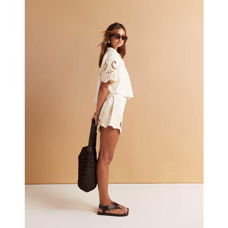 ASOS DESIGN soft denim crochet short in ecru co-ord-White