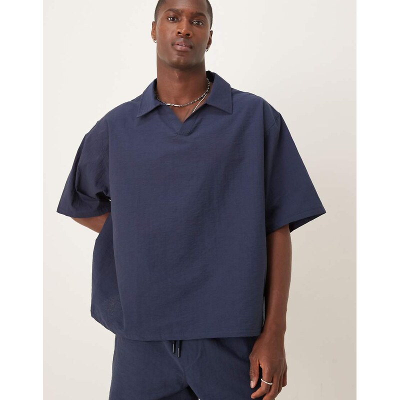 ASOS DESIGN co-ord boxy oversized textured polo shirt in navy