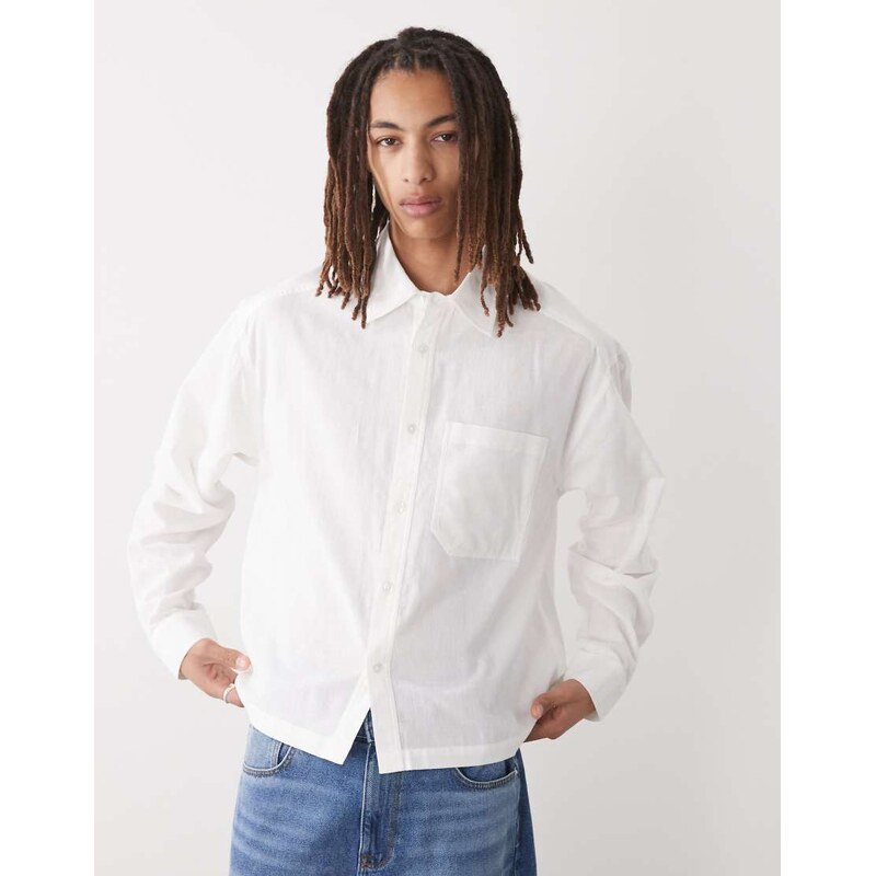 COLLUSION boxy linen look long sleeve shirt in white