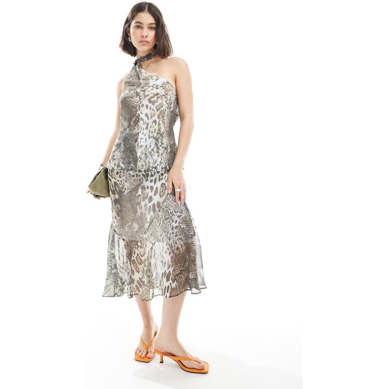 ASOS DESIGN chiffon asym hem midi skirt in animal print-Multi