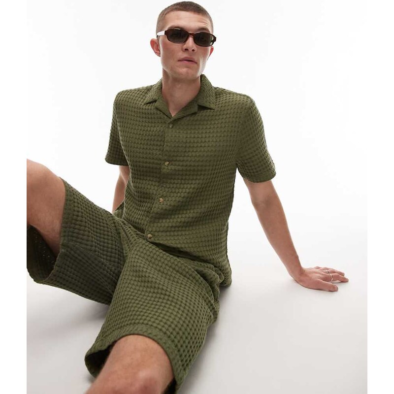 Topman textured grid check co-ord in khaki-Neutral