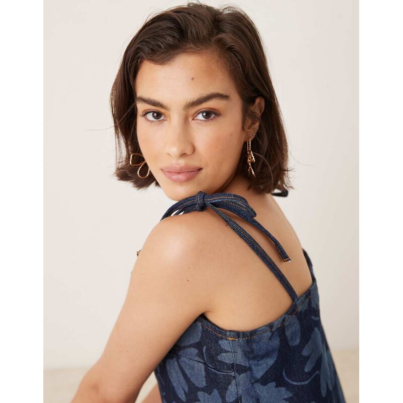 ASOS DESIGN denim cami top co-ord with tie straps in floral