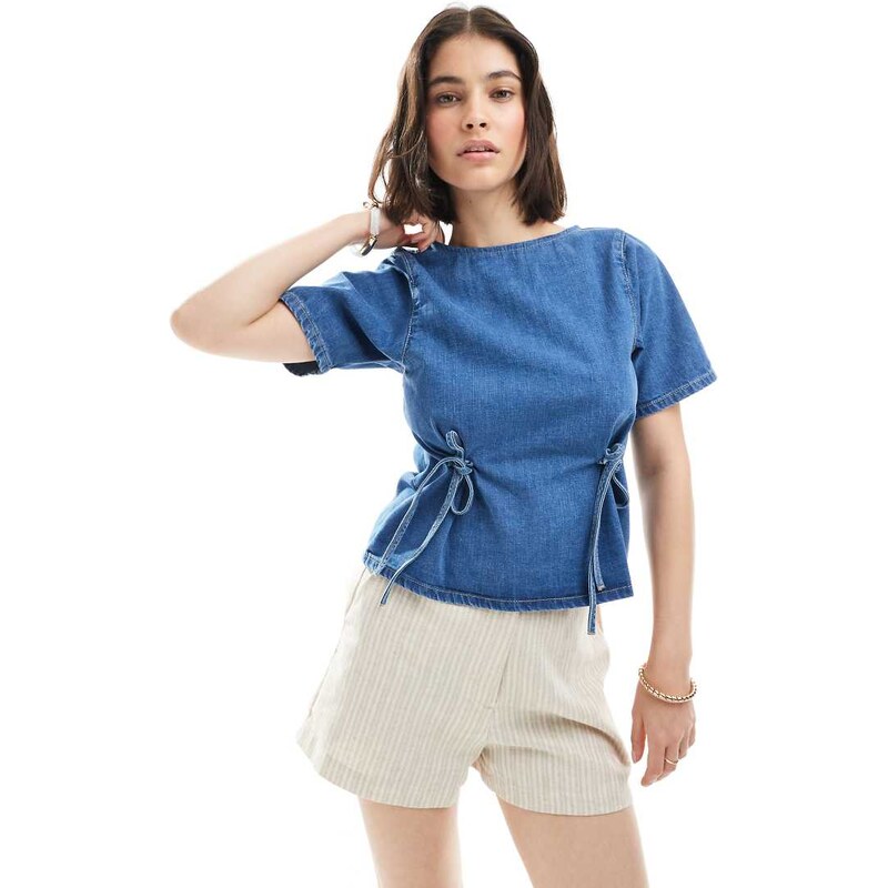ASOS DESIGN denim t-shirt with cinched waist ties in mid-blue 106704082