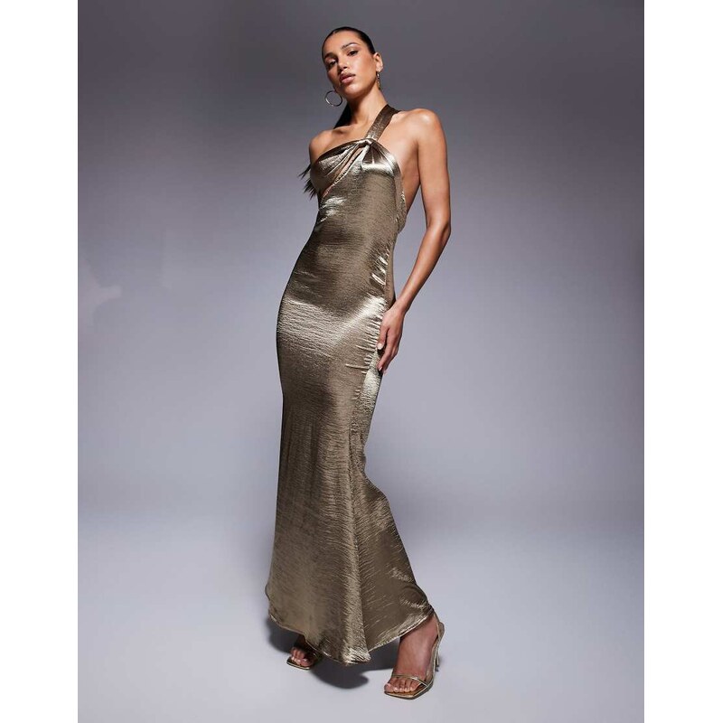 Aria Cove hammered satin one shoulder open back fishtail maxi dress in 106915566