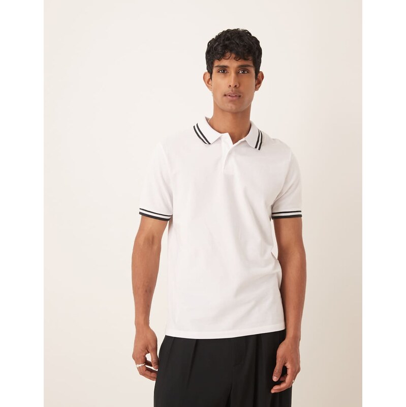 ASOS DESIGN Essentials Polo with black tipping in white pique