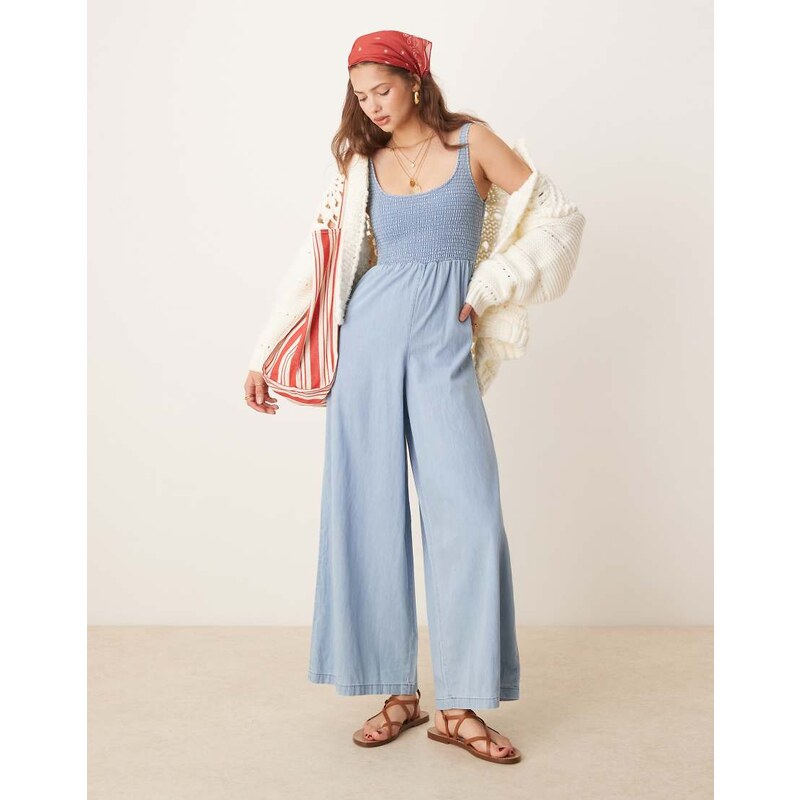 ASOS DESIGN soft denim wide leg jumpsuit with shirred body in