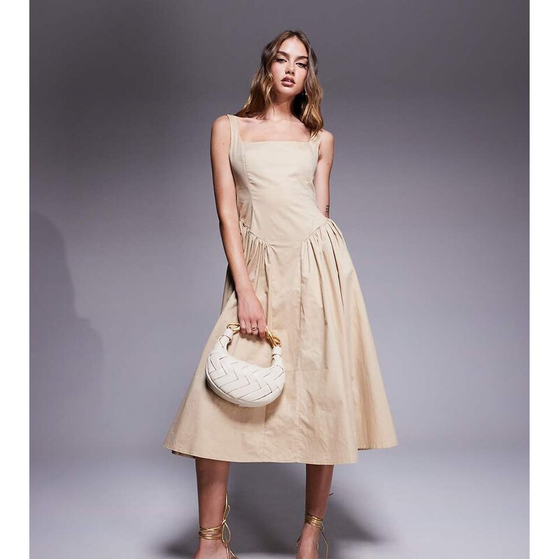 Kaiia exclusive cotton rich square neck gathered hip detail midi dress 115743799
