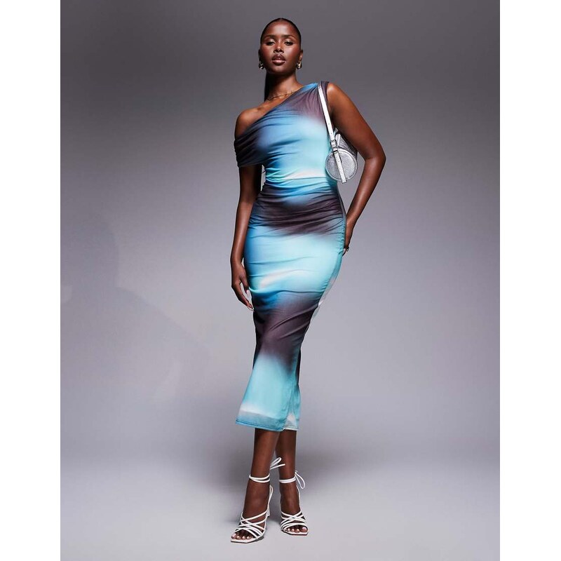 River Island asymmetric drape mesh midi dress in ombre blue 106707028