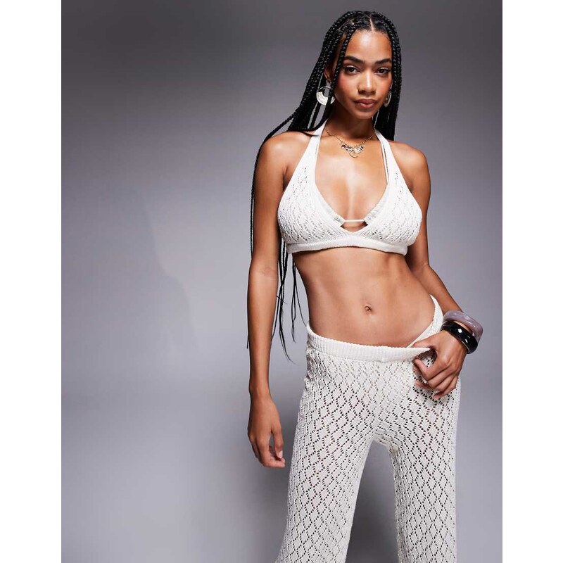 Missyempire beach knitted tie back bralet co-ord in cream-White 106707040