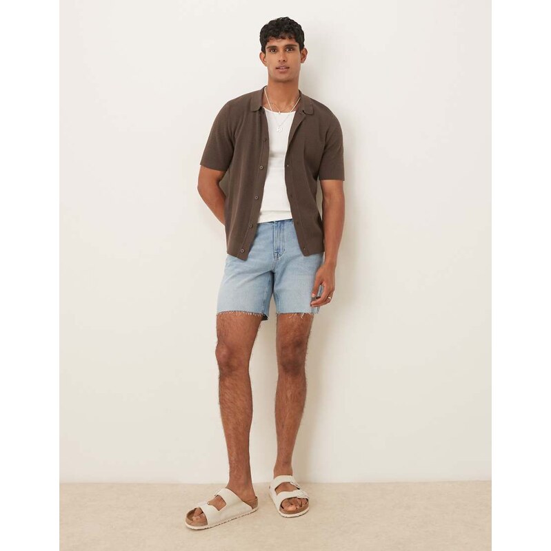 ASOS DESIGN mid length slim denim shorts in light wash blue