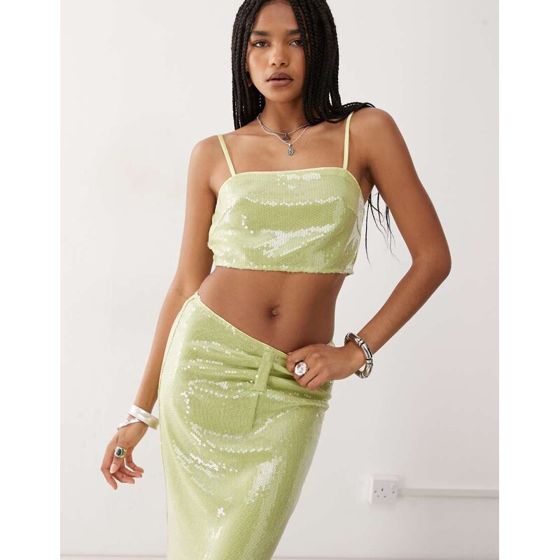 Amy Lynn square neck cami crop top co-ord in lime green sequin 106707125