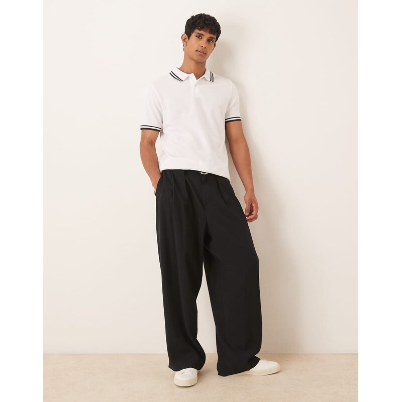 ASOS DESIGN Essentials Polo with black tipping in white pique