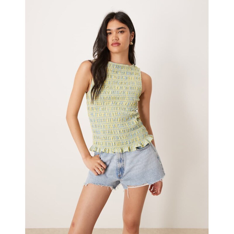 Amy Lynn Cher shirred top in yellow and blue check-Multi 115533712