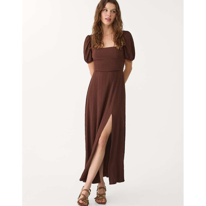 Stradivarius textured milkmaid maxi dress with cross back in brown 106707193