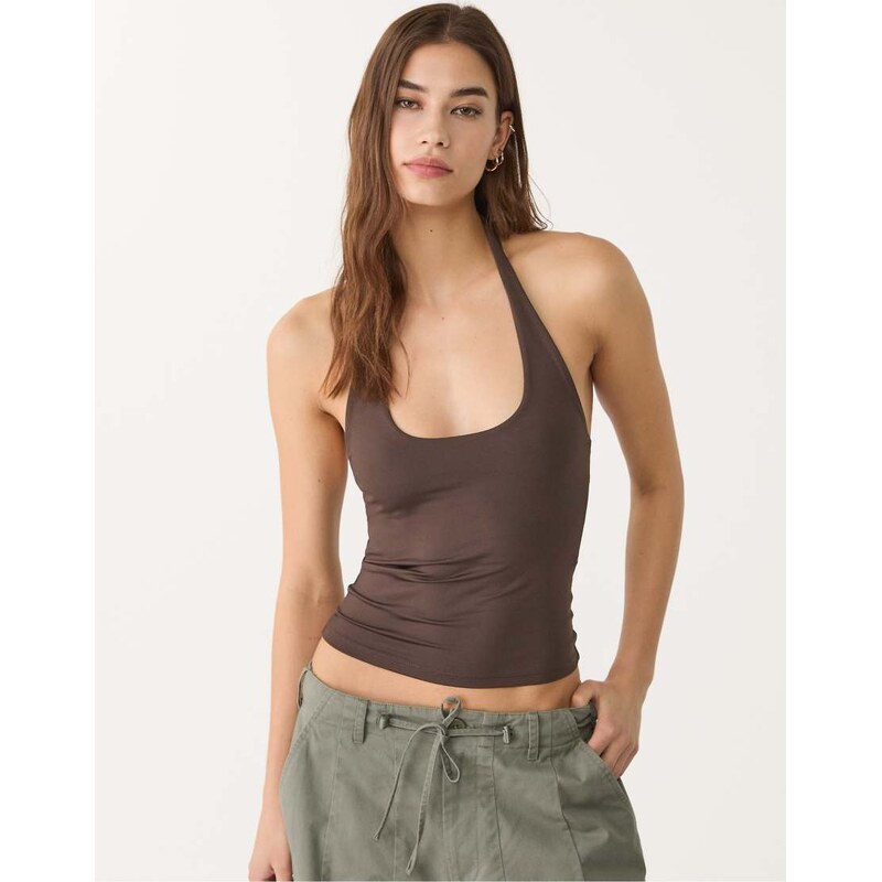 Stradivarius racer neck top in brown